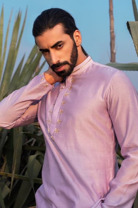 Shop_Runit Gupta_Purple Kurta Chanderi Silk Hand Embroidered Cutpipes Set 