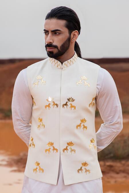 Runit Gupta Ivory Vegan Silk Hand Dyed Filigree Lotus Embroidered Bundi Set Online at Aza Fashions Runit Gupta_Ivory Vegan Silk Hand Dyed Filigree Lotus Embroidered Bundi Set _Online_at_Aza_Fashions