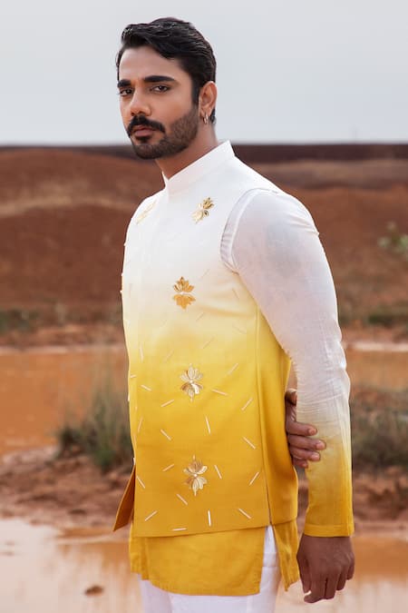 Runit Gupta_Yellow Chanderi Silk Pearls Ombre Hand Embroidered Bundi _Online_at_Aza_Fashions