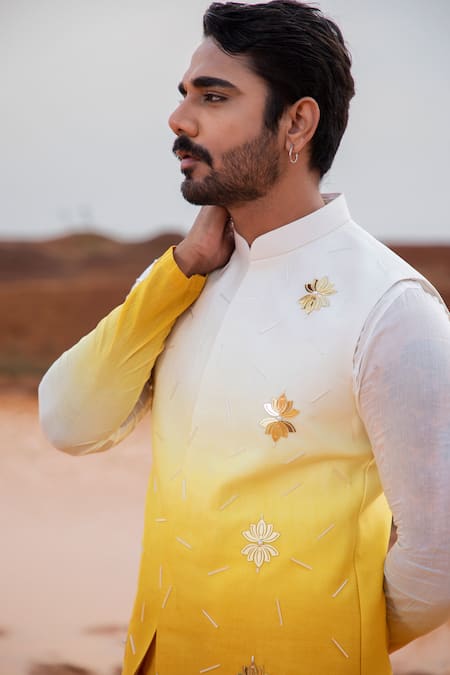 Buy_Runit Gupta_Yellow Chanderi Silk Pearls Ombre Hand Embroidered Bundi _Online_at_Aza_Fashions