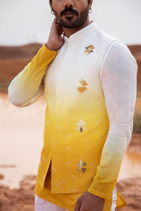 Shop_Runit Gupta_Yellow Chanderi Silk Pearls Ombre Hand Embroidered Bundi _Online_at_Aza_Fashions