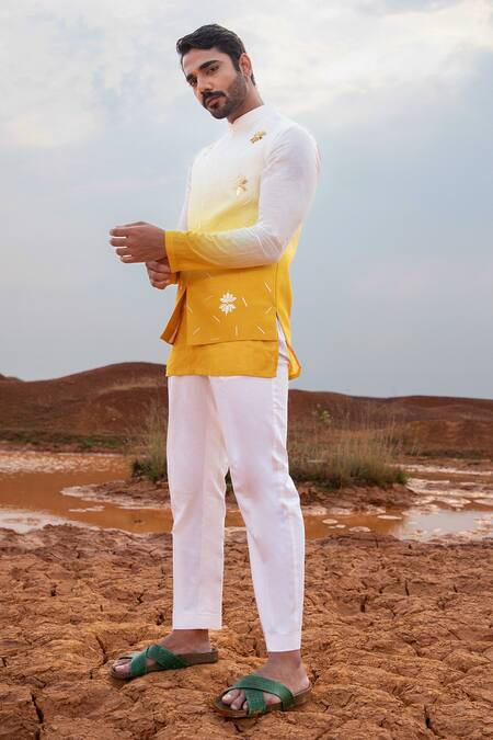 Runit Gupta_Yellow Bundi Chanderi Silk Hand Dyed Filigree Ombre Embroidered Kurta Set _at_Aza_Fashions