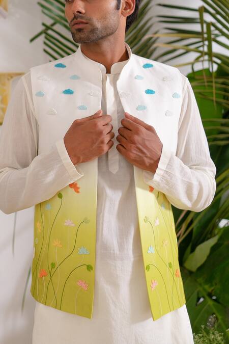 Shop_Runit Gupta_Green Bundi Chanderi Silk Hand Dyed Beads Ombre Kurta Set _Online_at_Aza_Fashions