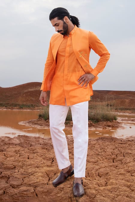 Runit Gupta_Orange Chanderi Silk Embroidery Hand Dyed Boat Motifs Bundi _Online_at_Aza_Fashions