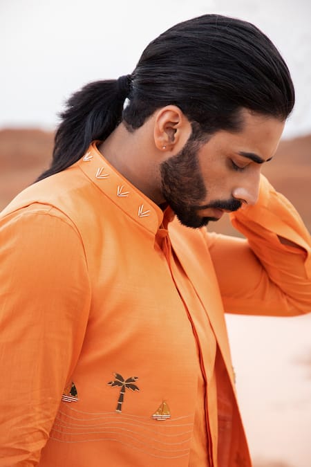 Buy_Runit Gupta_Orange Chanderi Silk Embroidery Hand Dyed Boat Motifs Bundi _Online_at_Aza_Fashions
