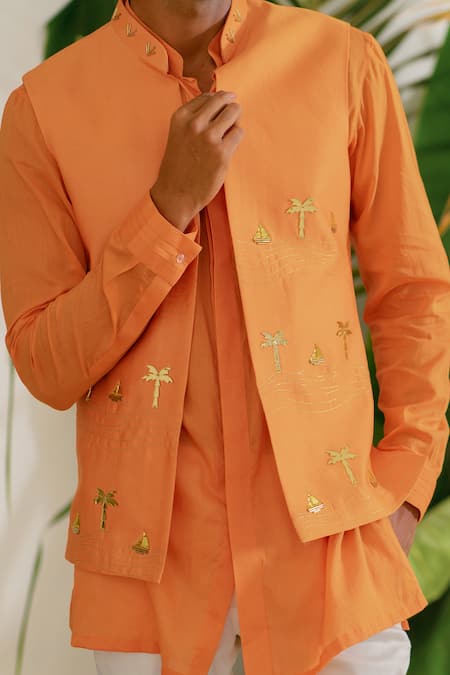 Shop_Runit Gupta_Orange Chanderi Silk Embroidery Hand Dyed Boat Motifs Bundi _Online_at_Aza_Fashions