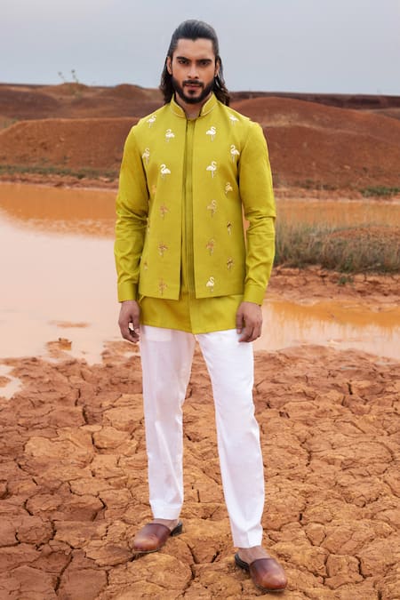 Runit Gupta_Green Cotton, Linen Embroidery Flamingo Motifs Hand Bundi _Online_at_Aza_Fashions