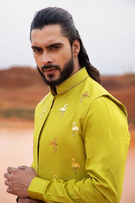 Buy_Runit Gupta_Green Cotton, Linen Embroidery Flamingo Motifs Hand Bundi _Online_at_Aza_Fashions