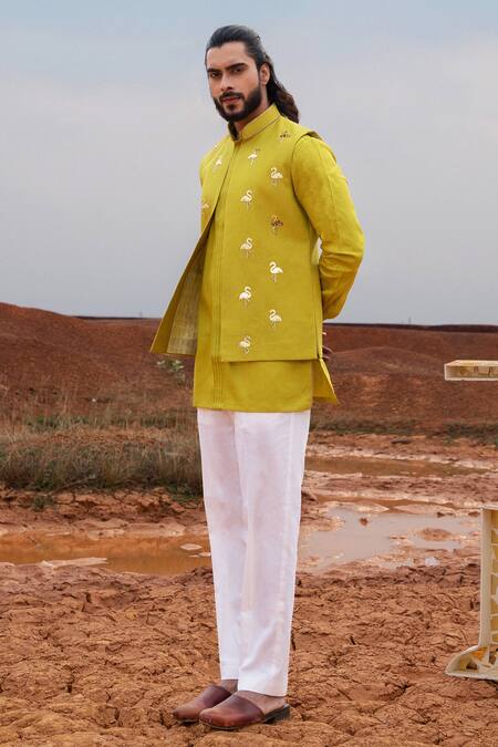 Runit Gupta Flamingo Motifs Bundi Kurta Set 