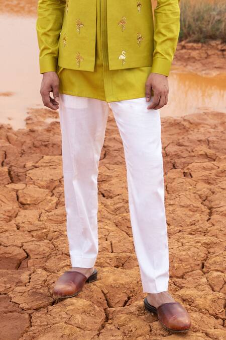 Runit Gupta_Green Vegan Silk Hand Dyed Flamingo Motifs Bundi Kurta Set _Online_at_Aza_Fashions