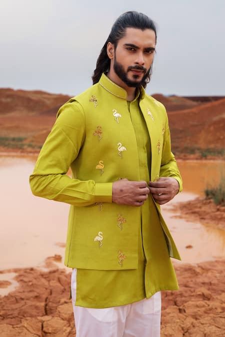 Buy_Runit Gupta_Green Vegan Silk Hand Dyed Flamingo Motifs Bundi Kurta Set _Online_at_Aza_Fashions