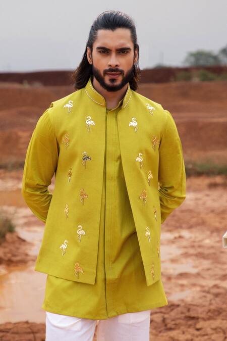 Shop_Runit Gupta_Green Vegan Silk Hand Dyed Flamingo Motifs Bundi Kurta Set _Online_at_Aza_Fashions