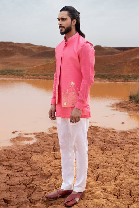 Runit Gupta_Fuchsia Chanderi Silk Pearls, Embroidery Hand Bundi _Online_at_Aza_Fashions