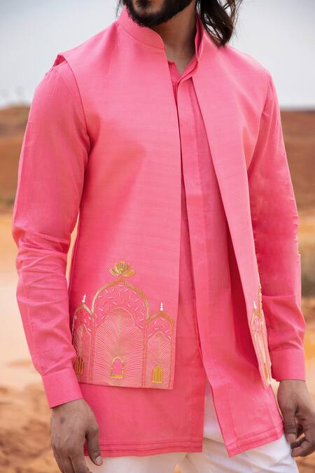 Buy_Runit Gupta_Fuchsia Chanderi Silk Pearls, Embroidery Hand Bundi _Online_at_Aza_Fashions