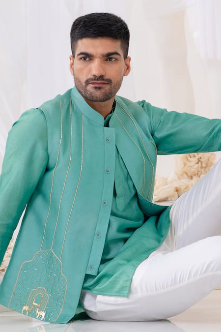 Shop_Runit Gupta_Blue Chanderi Silk Embroidery Hand Bundi _Online_at_Aza_Fashions