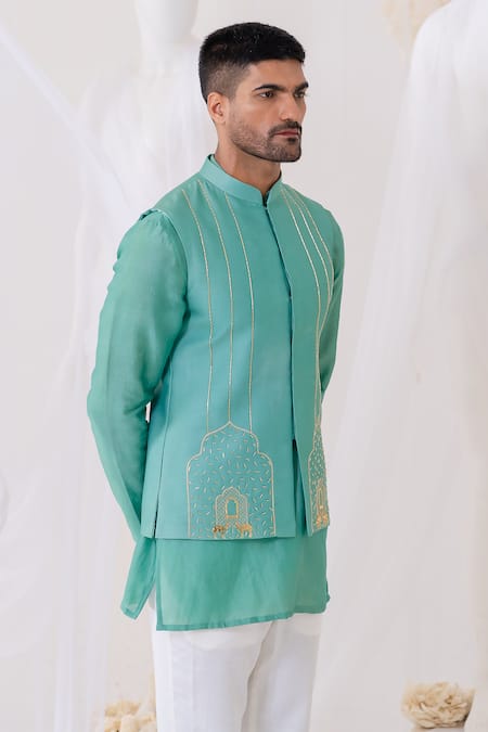 Runit Gupta Teal Hand Embroidered Bundi Kurta Set 