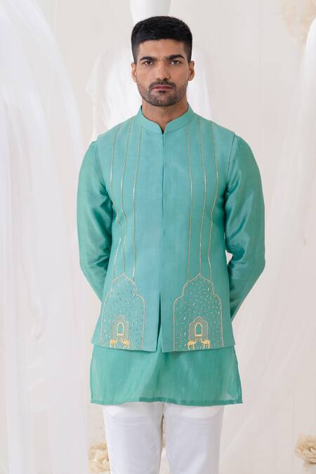 Runit Gupta Green Chanderi Silk Hand Dyed Camel And Khidki Teal Embroidered Bundi Kurta Set Online at Aza Fashions Runit Gupta_Green Chanderi Silk Hand Dyed Camel And Khidki Teal Embroidered Bundi Kurta Set _Online_at_Aza_Fashions