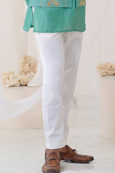 Buy Runit Gupta Green Chanderi Silk Hand Dyed Camel And Khidki Teal Embroidered Bundi Kurta Set Online at Aza Fashions Buy_Runit Gupta_Green Chanderi Silk Hand Dyed Camel And Khidki Teal Embroidered Bundi Kurta Set _Online_at_Aza_Fashions