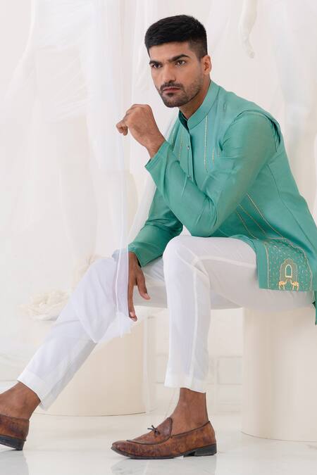 Shop Runit Gupta Green Chanderi Silk Hand Dyed Camel And Khidki Teal Embroidered Bundi Kurta Set Online at Aza Fashions Shop_Runit Gupta_Green Chanderi Silk Hand Dyed Camel And Khidki Teal Embroidered Bundi Kurta Set _Online_at_Aza_Fashions