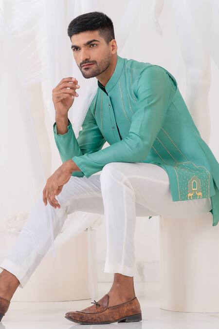 Runit Gupta Green Chanderi Silk Hand Dyed Camel And Khidki Teal Embroidered Bundi Kurta Set at Aza Fashions Runit Gupta_Green Chanderi Silk Hand Dyed Camel And Khidki Teal Embroidered Bundi Kurta Set _at_Aza_Fashions