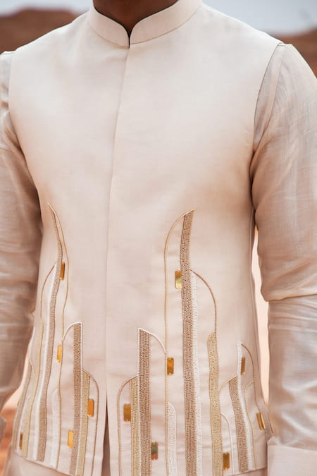 Runit Gupta_Beige Chanderi Silk Beads Abstract Motifs Hand Embroidered Bundi _Online_at_Aza_Fashions
