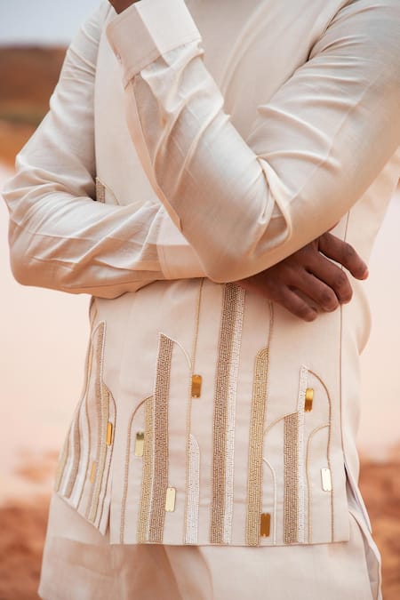 Buy_Runit Gupta_Beige Chanderi Silk Beads Abstract Motifs Hand Embroidered Bundi _Online_at_Aza_Fashions