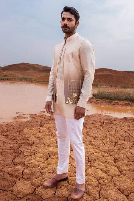 Runit Gupta_Brown Bundi And Kurta Chanderi Silk Hand Embroidered Lotus Ombre Set _at_Aza_Fashions