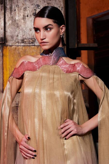 Akhl_Gold Matte Satin (60% Viscose 40% Cotton) Halter Gradient Dyed Neck Kaftan _Online_at_Aza_Fashions