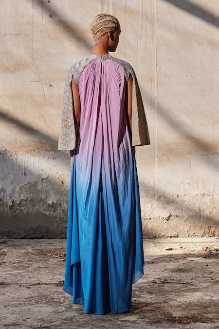 Shop_Akhl_Pink Chiffon (100% Viscose) Embroidered Sequin Gradient Raglan Sleeve Kaftan _at_Aza_Fashions