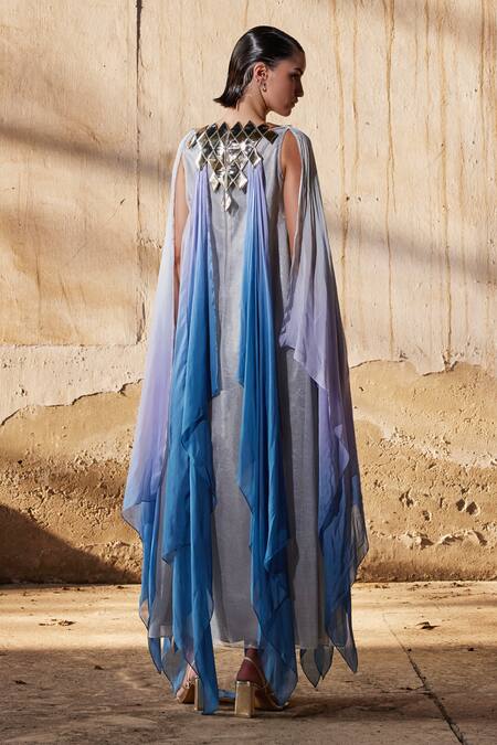 Shop_Akhl_Blue Chiffon (100% ) + Satin (66% Gradient Dyed Panelled Kaftan _at_Aza_Fashions