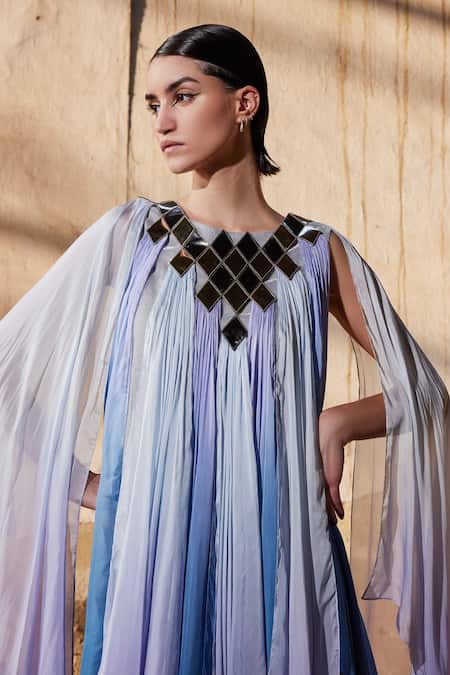 Akhl_Blue Chiffon (100% ) + Satin (66% Gradient Dyed Panelled Kaftan _Online_at_Aza_Fashions