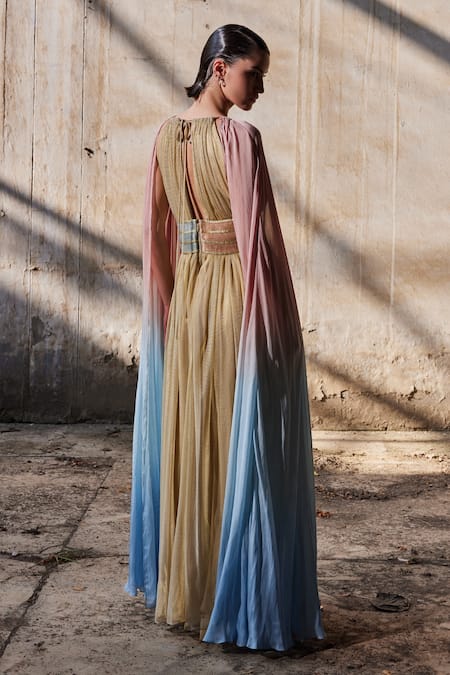 Shop_Akhl_Gold Lurex-tulle (57% Metallic Yarn 43% Polyester) Gathered Tulle Kaftan _at_Aza_Fashions