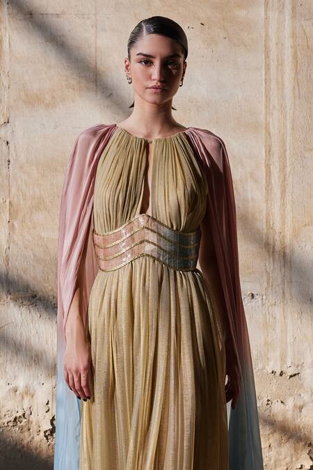 Akhl_Gold Lurex-tulle (57% Metallic Yarn 43% Polyester) Gathered Tulle Kaftan _Online_at_Aza_Fashions