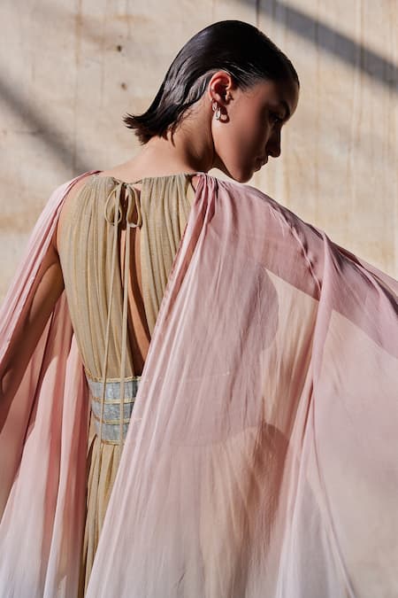 Shop_Akhl_Gold Lurex-tulle (57% Metallic Yarn 43% Polyester) Gathered Tulle Kaftan _Online_at_Aza_Fashions