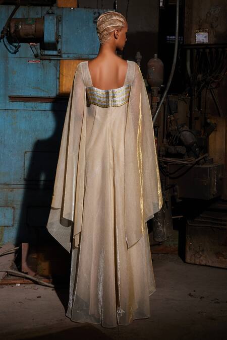 Shop_Akhl_Gold Lurex-tulle (57% Metallic Yarn 43% Polyester) Lurex Tulle Cape Kaftan Dress _at_Aza_Fashions