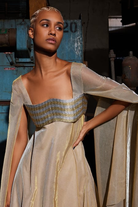 Akhl_Gold Lurex-tulle (57% Metallic Yarn 43% Polyester) Lurex Tulle Cape Kaftan Dress _Online_at_Aza_Fashions