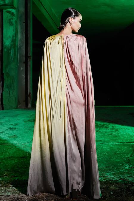 Shop_Akhl_Pink Satin (66% Viscose 34% Modal) Blunt V Gradient-dyed Gathered Kaftan _at_Aza_Fashions