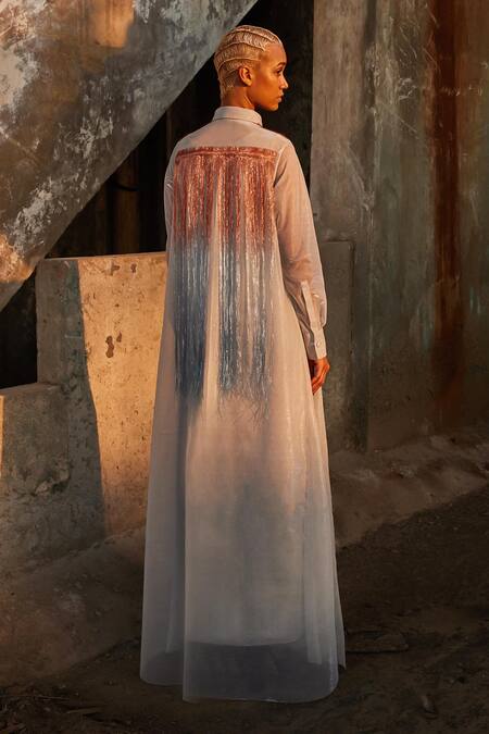 Shop_Akhl_Silver Lurex-tulle (57% Metallic Yarn 43% Polyester) + Gradient Shirt Kaftan _at_Aza_Fashions