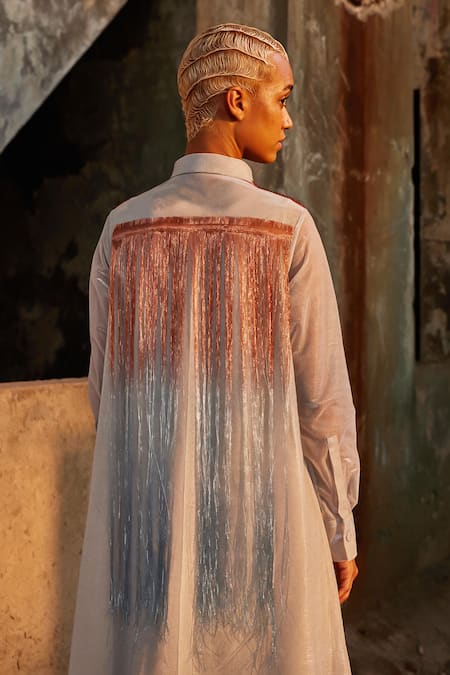 Buy_Akhl_Silver Lurex-tulle (57% Metallic Yarn 43% Polyester) + Gradient Shirt Kaftan _Online_at_Aza_Fashions