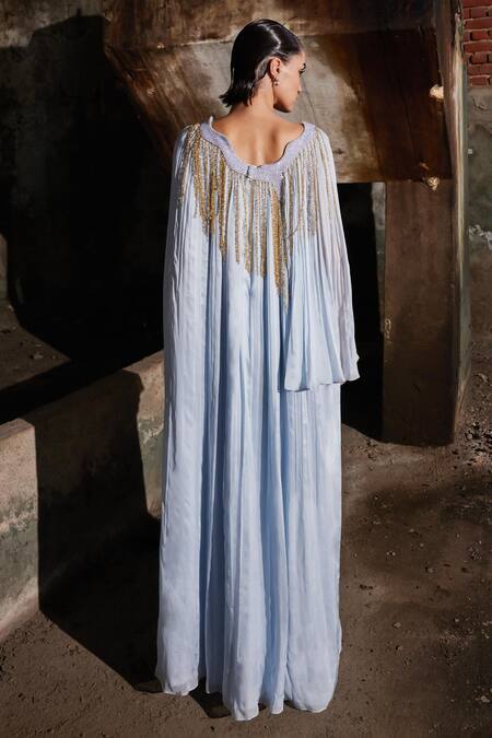 Shop_Akhl_Blue Chiffon (100% ) + Satin (66% 34% Angular Gathered Kaftan _at_Aza_Fashions