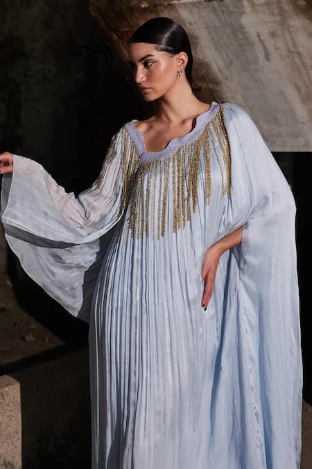Akhl_Blue Chiffon (100% ) + Satin (66% 34% Angular Gathered Kaftan _Online_at_Aza_Fashions