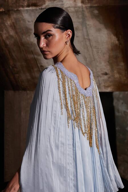 Buy_Akhl_Blue Chiffon (100% ) + Satin (66% 34% Angular Gathered Kaftan _Online_at_Aza_Fashions