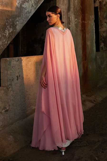 Shop_Akhl_Pink Chiffon (100% Viscose) V Neck Metallic Tape Organza Kaftan _at_Aza_Fashions