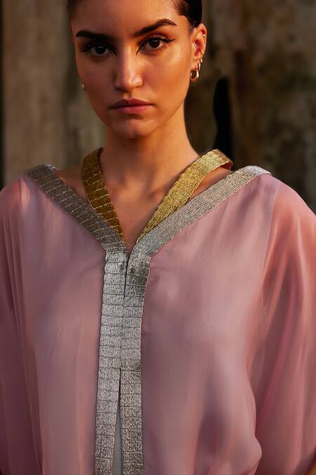 Akhl_Pink Chiffon (100% Viscose) V Neck Metallic Tape Organza Kaftan _Online_at_Aza_Fashions