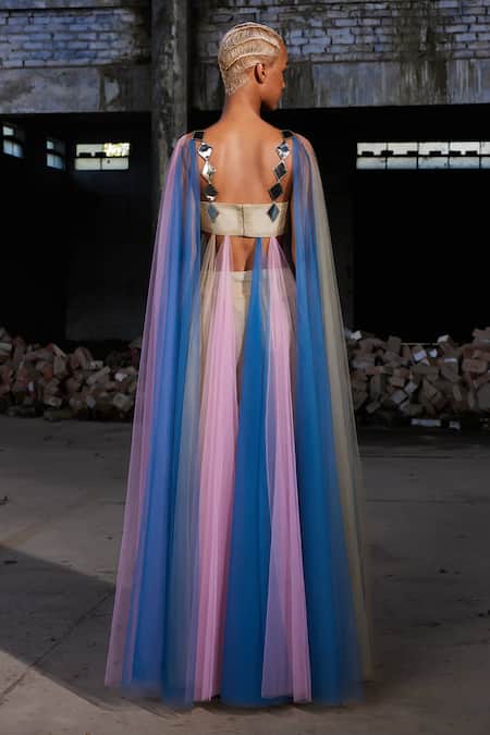 Shop Akhl Gold Lurex-tulle (57% Metallic Yarn 43% Color Blocked Panelled Kaftan With Skirt at Aza Fashions Shop_Akhl_Gold Lurex-tulle (57% Metallic Yarn 43% Color Blocked Panelled Kaftan With Skirt _at_Aza_Fashions