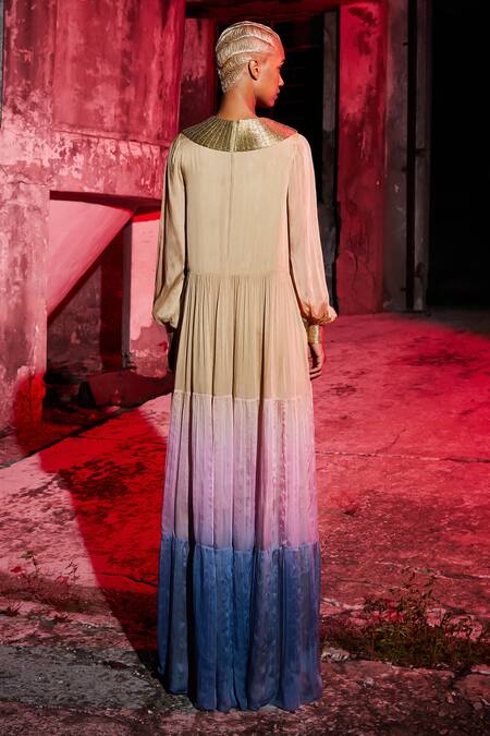 Shop_Akhl_Gold Chiffon (100% Viscose) + Satin (66% Gradient Dyed Gathered Tiered Kaftan _at_Aza_Fashions