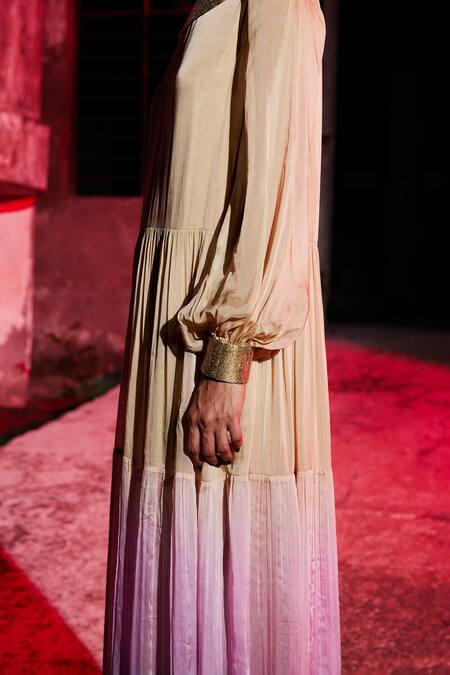 Akhl_Gold Chiffon (100% Viscose) + Satin (66% Gradient Dyed Gathered Tiered Kaftan _Online_at_Aza_Fashions