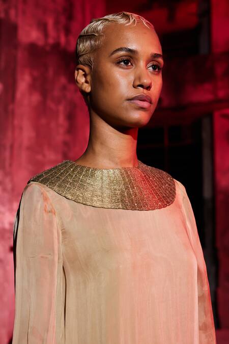 Buy_Akhl_Gold Chiffon (100% Viscose) + Satin (66% Gradient Dyed Gathered Tiered Kaftan _Online_at_Aza_Fashions