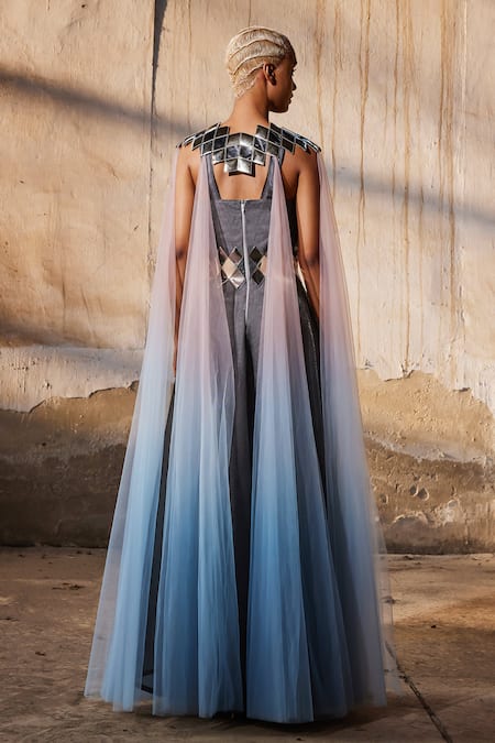 Shop_Akhl_Black Lurex-tulle (57% Metallic Yarn 43% Polyester) + Full Panelled Kaftan _at_Aza_Fashions