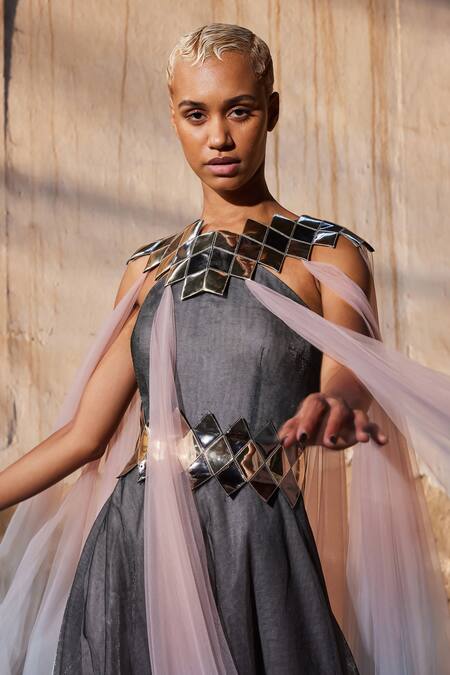Akhl_Black Lurex-tulle (57% Metallic Yarn 43% Polyester) + Full Panelled Kaftan _Online_at_Aza_Fashions